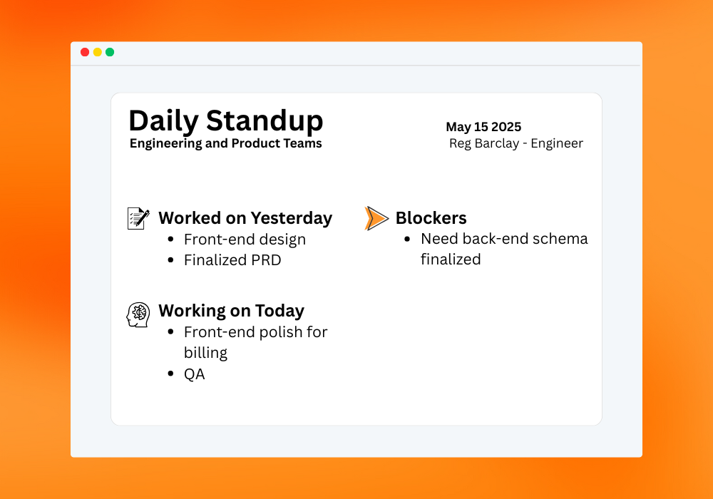 Daily standup report showing yesterday's work, blockers, and today's tasks